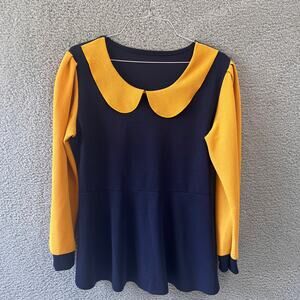 Women's Top Blouse XL Peter Pan Collar Colorblock Navy Blue Yellow Long Sleeve